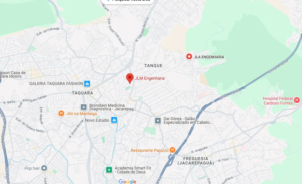 Mapa da localização da JLM Engenharia, na Taquara, Rio de Janeiro